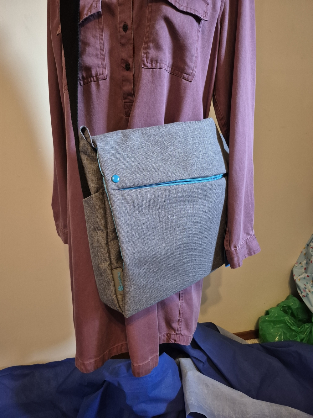 Gray Crossbody Messenger Bag with Turquoise Accents